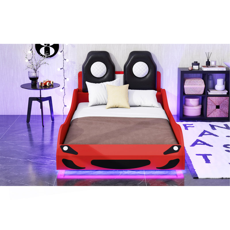 Wooden Twin Size Race Car-Shaped Platform Bed With LED Lighting And Upholstered Backrest For Ultimate Comfort And Style, Red
