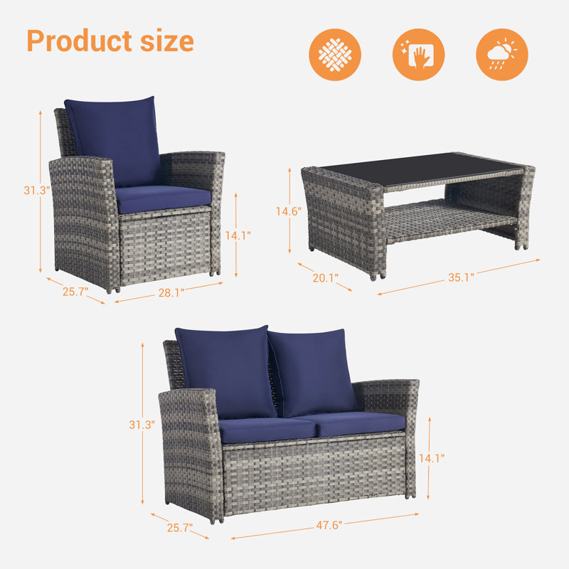 Wicker 4 - Person Patio Conversation Set, Navy Blue