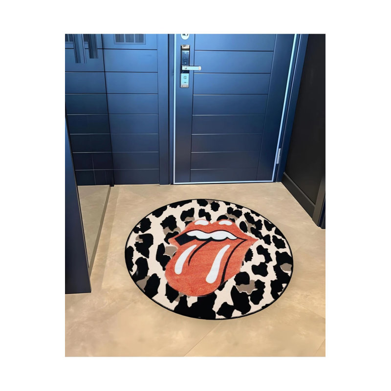 Leopard Pattern Red Lip And Tongue Detailed Woven Base Modern Decorative Carpet, Round 4'