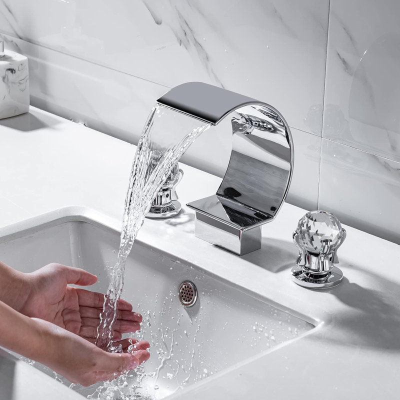 Chrome 8-Inch Widespread Vanity Faucet, 3 Hole 2 Handle Crystal Knobs Bathroom Sink Faucet with High Arc Waterfall Spout