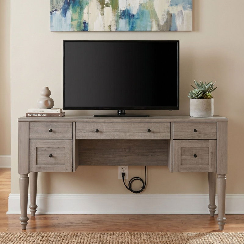 Corretta Morden TV Stand for 60 inch TV with 5 Drawers, Wooden Universal TV Stand with Storage Cabinets, Vintage Office Desk with Charging Station, Entertainment Center TV Console Table for Living Room, Wash Grey