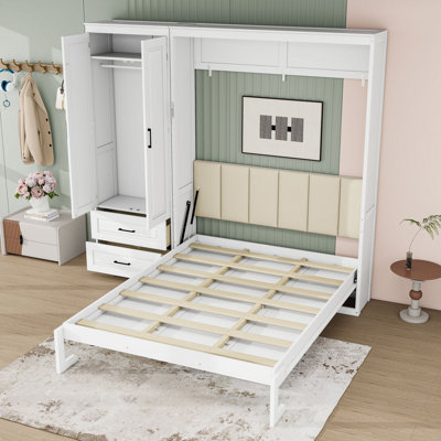 Grand lit escamotable avec garde-robe de rangement, tablettes et 2 tiroirs