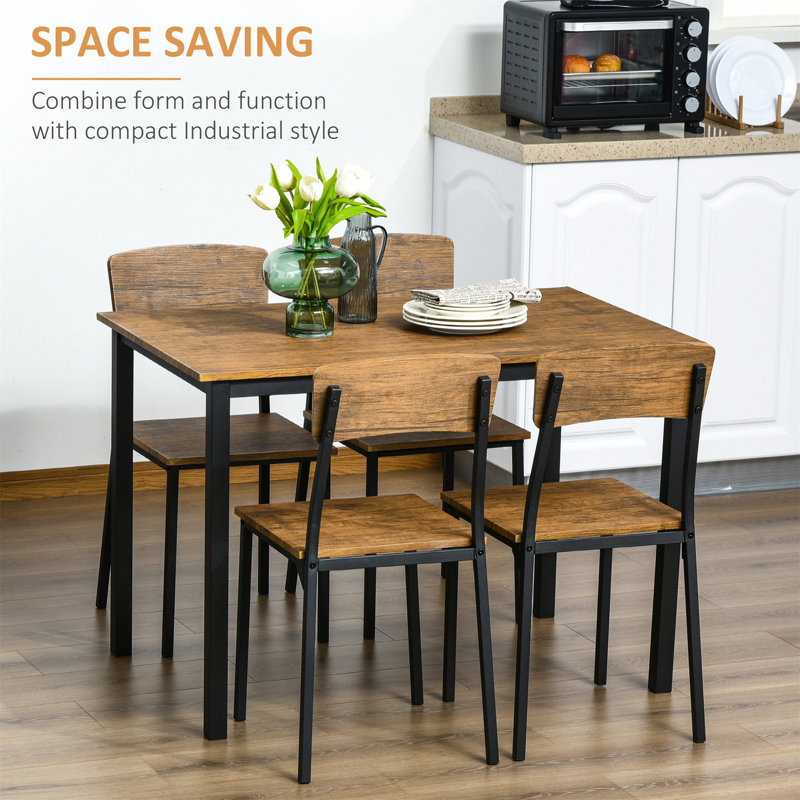 Industrial 5-Piece Dining Set with Dark Walnut MDF and Steel