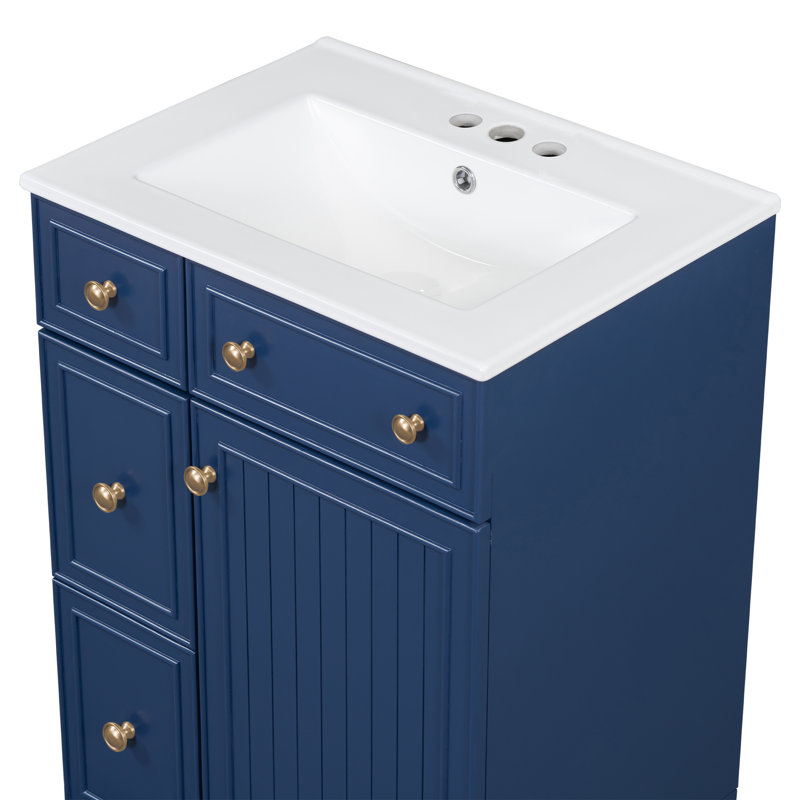 Meuble-lavabo simple 24 po avec plateau en céramique Jeanneke, Bleu, Doré