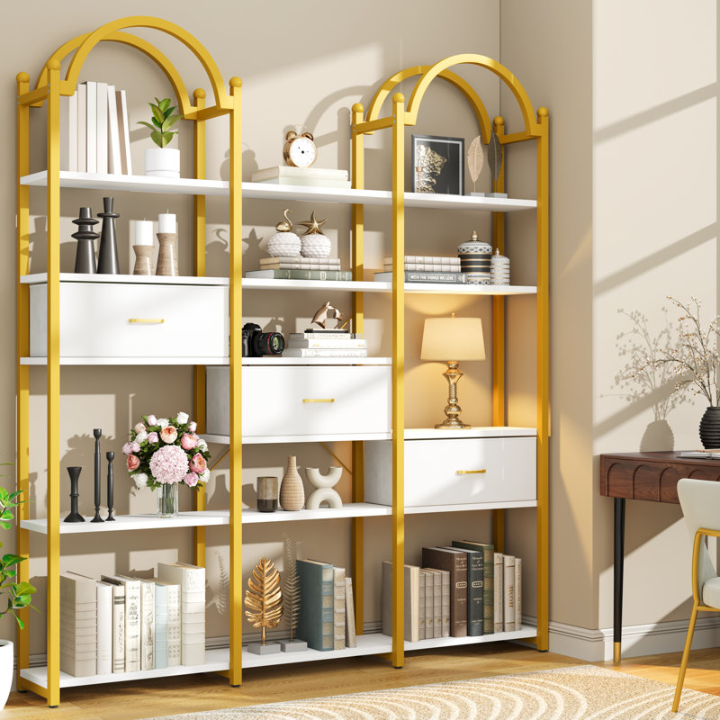 Bibliothèque de 83,5 po de hauteur avec 3 tiroirs et 13 tablettes de rangement, bibliothèque industrielle ouverte avec tablettes, grande étagère, bibliothèque triple pour la maison et le bureau