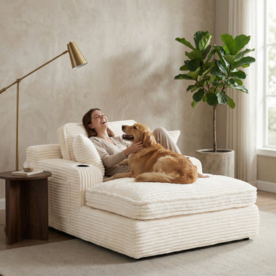 52" Wide Oversized Chaise Lounge Chair Indoor, Cloud Couch Boneless Soft Sofa with 3 Pillows, 4 Side Pockets and 2 Cup Holders, Comfy Corduroy Sleeper Couch for Living Room