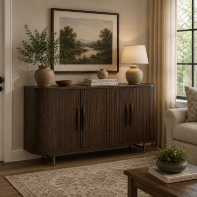 Armoire d'appoint Micky 68 po avec 4 portes cannelées, pieds en bois de manguier brun