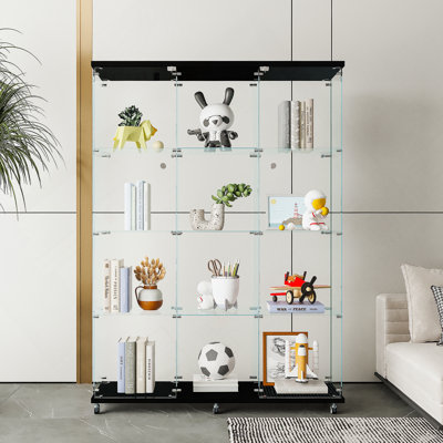 Vitrine en verre avec 4 tablettes extra larges, armoires pour le salon, la chambre à coucher, le bureau, bibliothèque en verre au sol noir, installation rapide