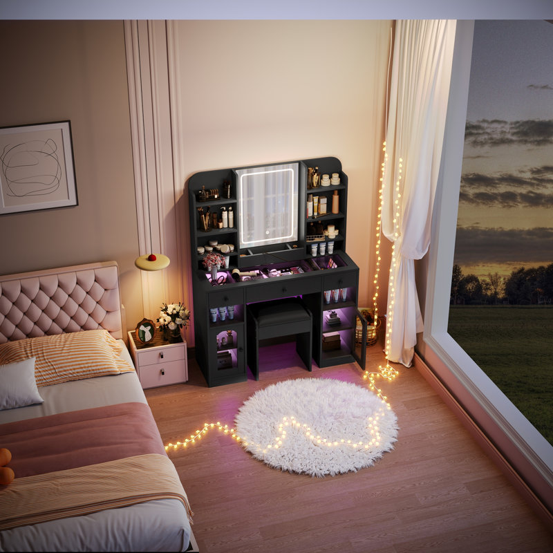 43.2" Vanity Desk with LED Mirror and Lights, Glass Top Vanity with RGB Glass Light Cabinets, Dressing Table with 3 Drawers ,Storage Shelves and Stool for Bedroom, Black