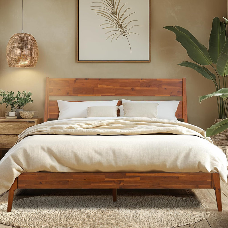 Callisto Queen Solid Wood Bed Frame with Headboard, 800 lb Capacity, Walnut, Queen, Walnut