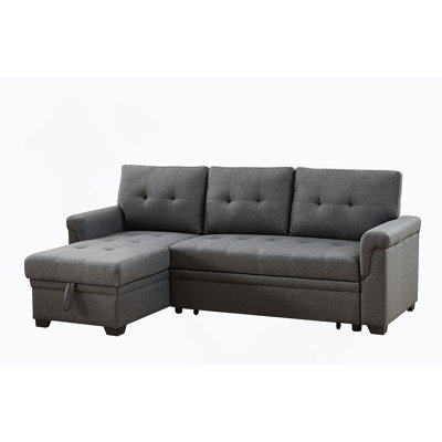84" Dark Gray Linen Reversible Sleeper Sectional Sofa With Storage Chaise