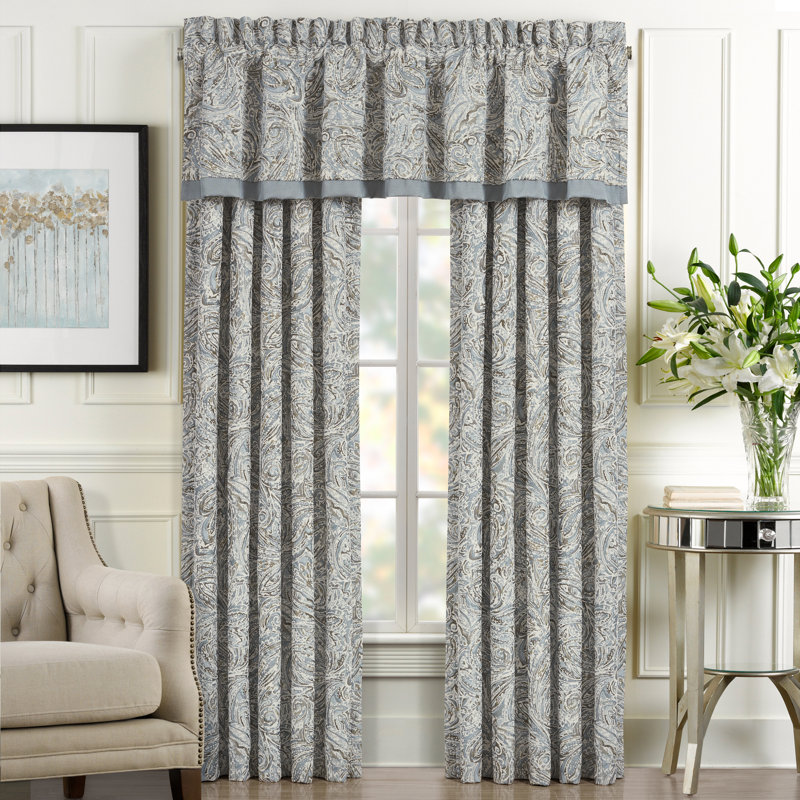 Ground Length Blue Polyester Room-Darkening Drapes with Edge Embellishment