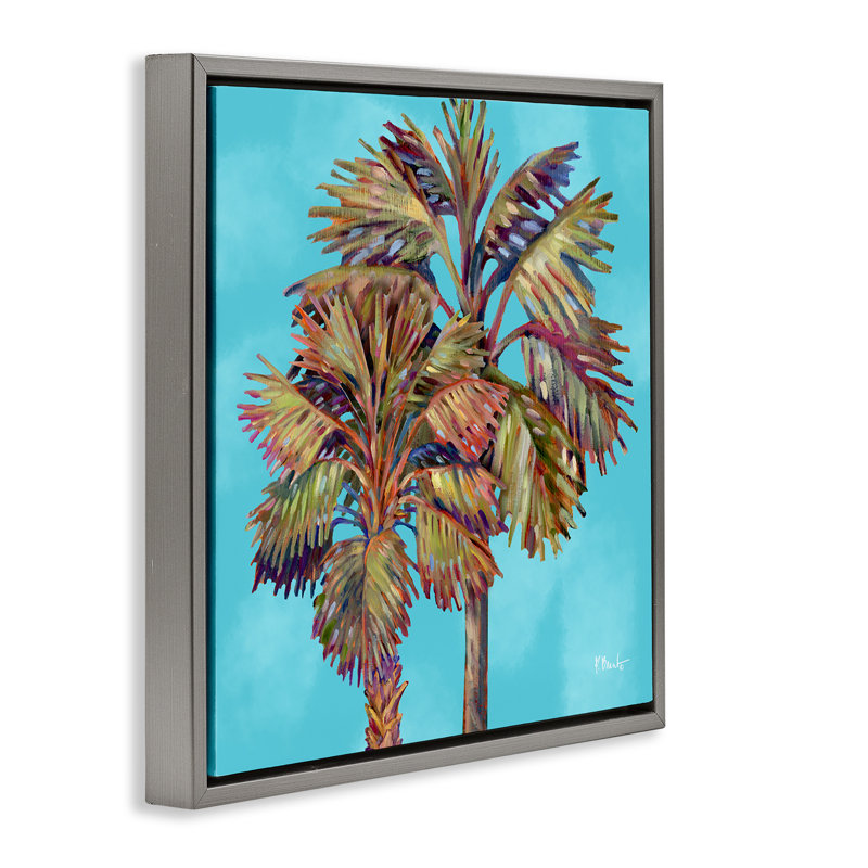  «Bondi Palms on Blue Floater» par Paul Brent, H 18 po x l 18 po, Cadre flottant gris lustré