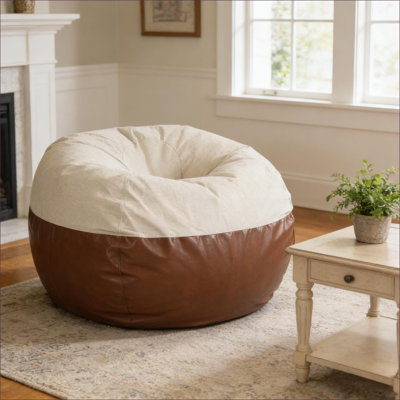 Grand fauteuil à billes pré-rempli de 5 pieds pour adultes, brun noyer et beige bicolore, mousse haute densité | Rond | Similicuir