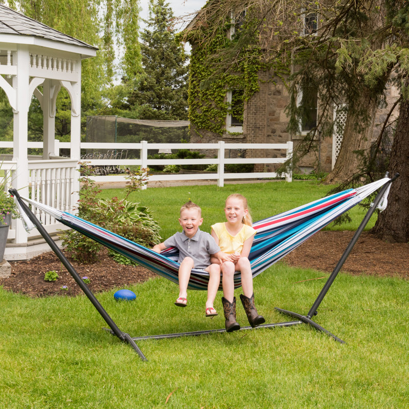 Double Classic Hammock with Stand, 104cm H x 280cm L x 109cm W, Black, Denim