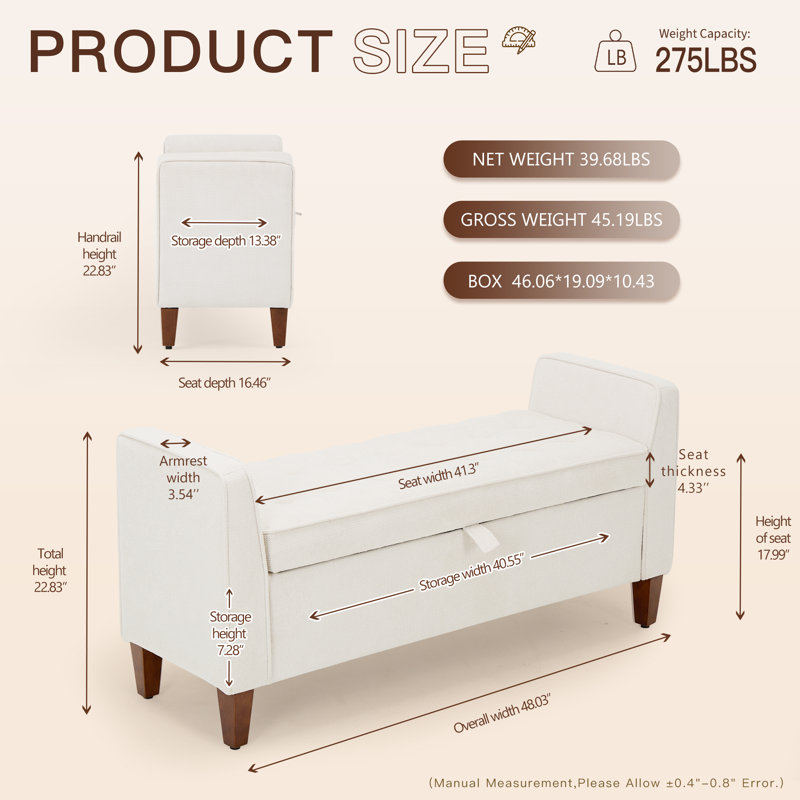 Banc de rangement rembourré en polyester pour entrée et chambre à coucher, Beige