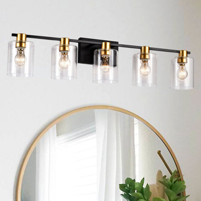 Exquis noir mat + doré - 5 luminaires de salle de bain avec abat-jour en verre pour couloirs modernes