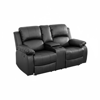 Causeuse ergonomique 2 places, canapé en PVC semi-polyuréthane noir avec inclinaison 115-120 ° / 160-180 °, support en métal, rangement et porte-gobelets