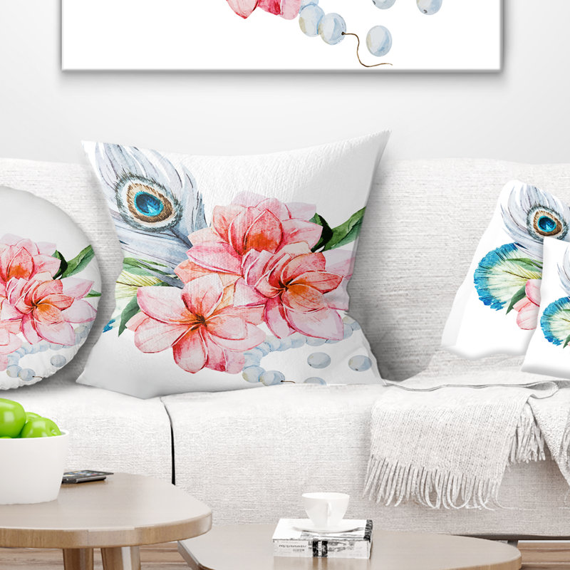 Coussin floral avec plumes de paon, 16 po x 1 po, Carré