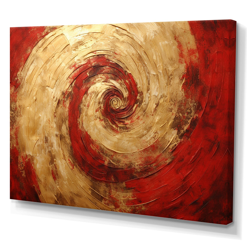 «Red Gold Fusion Spiral III», art mural abstrait en spirale pour le salon, H 16 po x l 32 po x P 1 po, Toile tendue