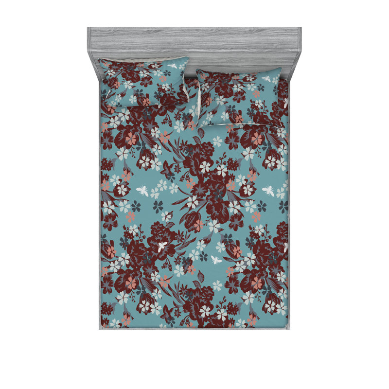 Drap-housse et taies décoratives 3 pièces Ambesonne, Écume de mer, bourgogne, corail / floral
