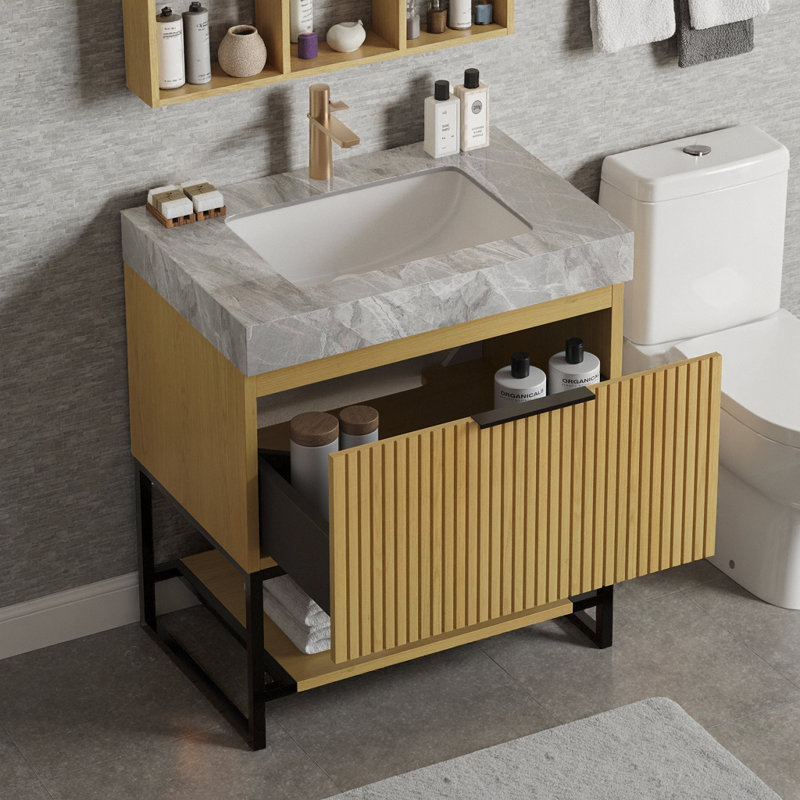 Meuble-lavabo 30 po en chêne Corolla pré-assemblé avec comptoir en pierre frittée et lavabo en céramique, Chêne doré, 30"