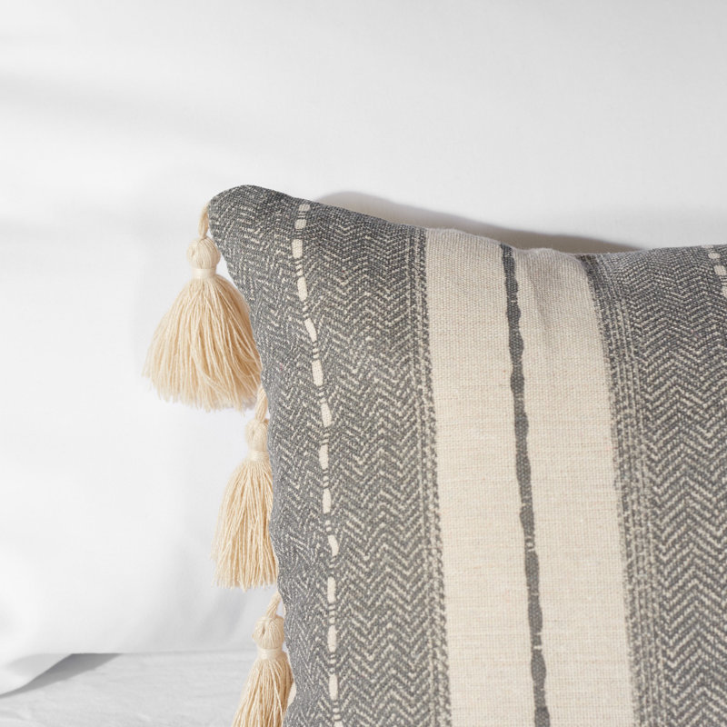 Gray and White Striped Rectangular Pillow with Tassels