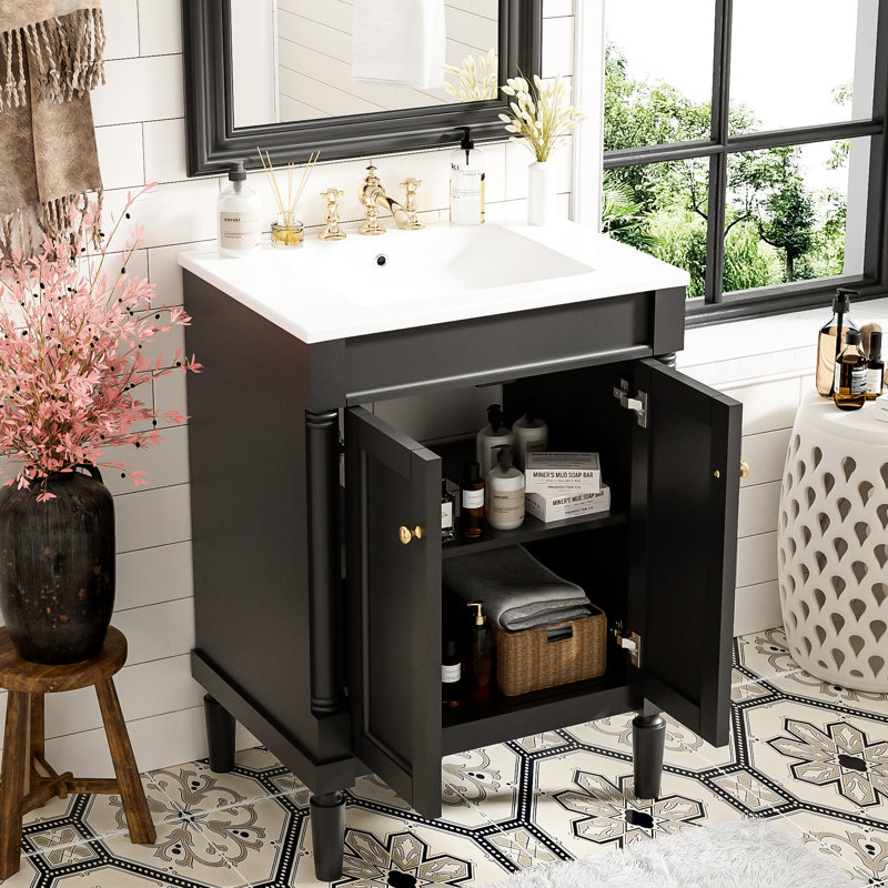 Meuble-lavabo de salle de bain avec lavabo en céramique, 24 po, style moderne, meuble-lavabo spacieux avec rangement, look haut