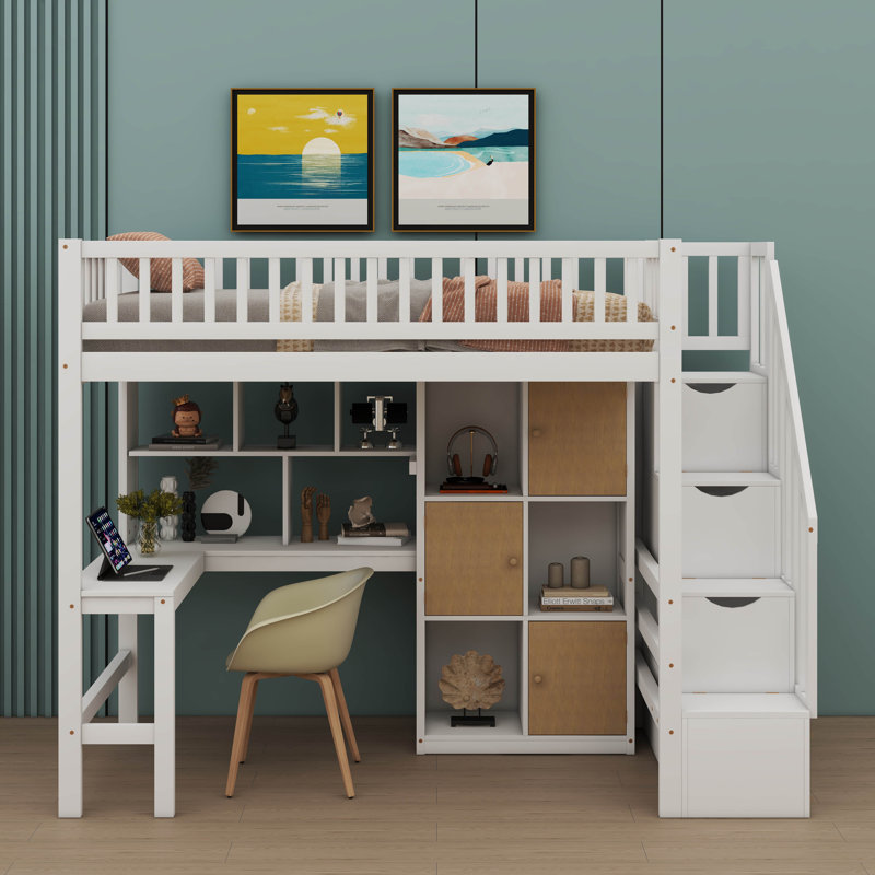 Lit surélevé simple en bois intégré avec bureau, éclairage à DEL, tablettes de rangement, armoires et escalier