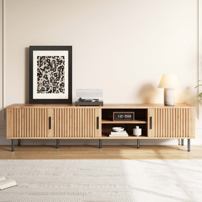 Solid Wood Leg Media Console with Push Open Storage Doors, Soft Close Hinges and Adjustable Inner Shelves, Cable Management TV Cabinet for Living Room