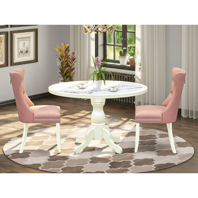 3-Pc Dining Room Table Set Include a Dining Table with Veined Marble Pattern Tabletop and 2 Beige Red Polyester Fabric Chairs, Linen white