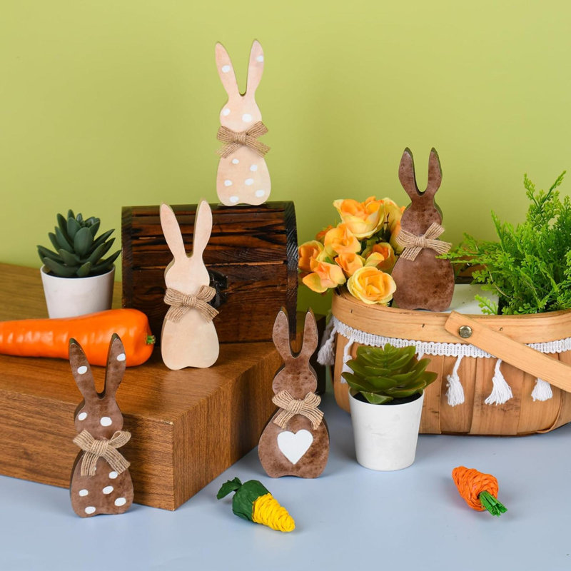 5 pièces de décorations de table de lapin de Pâques Farmhouse Rabbit en bois avec nœud