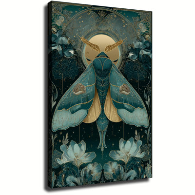 Wooden Framed Canvas Painting Artistic printing Teal & Gold Moth Art Nouveau Unique and creative wall decor