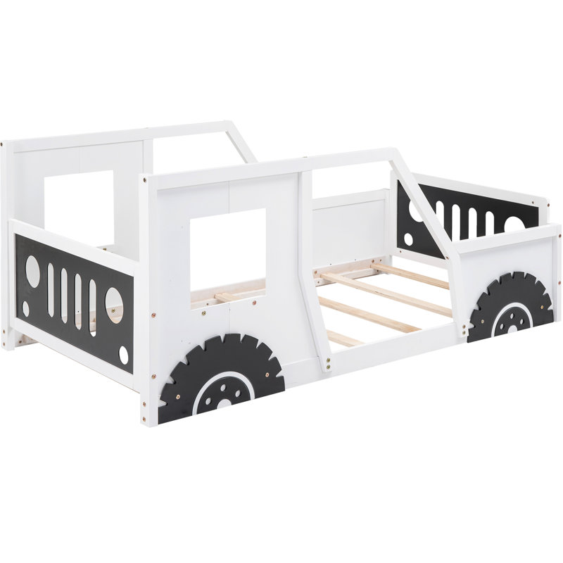 Twin Size Classic Car-Shaped Bed With Wheels, White - Pine Wood And For Bedroom Allure Car Stable Fascinate, Twin, White