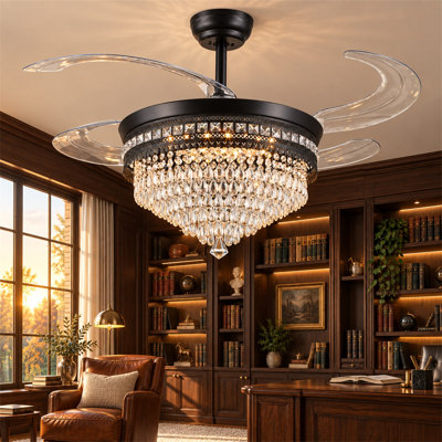 48" Retractable Crystal Ceiling Fan With Led Lights and Remote Control