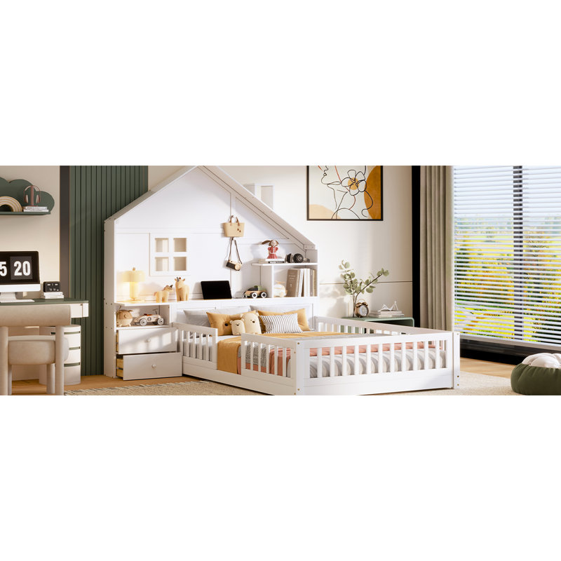 Lit double pleine grandeur - blanc, avec fenêtre, tiroirs de chevet et prises de courant avec tablettes de rangement, tablettes