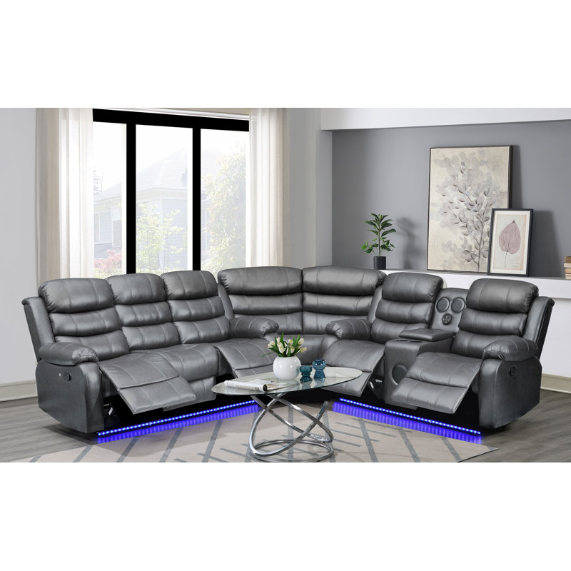 Bracyn 3 - Piece USB Vegan Leather Reclining Sectional with Sound System, Gray Faux Leather