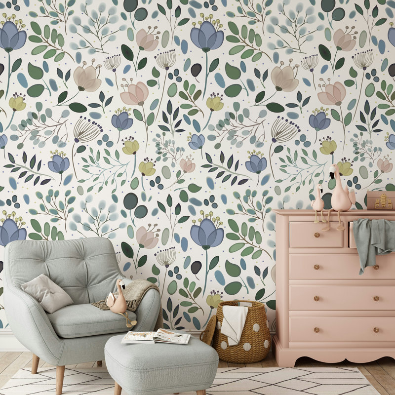 Papier peint floral bleu doux sur fond blanc, L 50 po x l 75 po