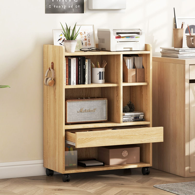 Mobile Cabinet Side Table with Storage, Natural Wood