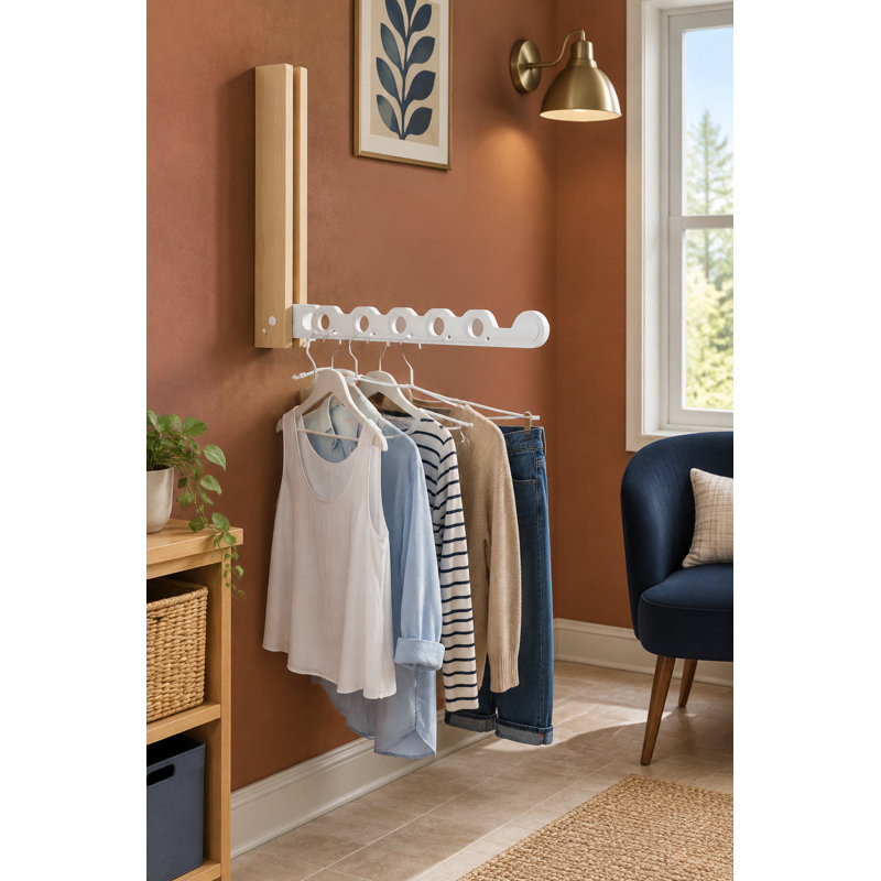 Séchoir à linge mural blanc en bois de hêtre naturel - Cintre pliable pour petites salles de lavage et petits espaces