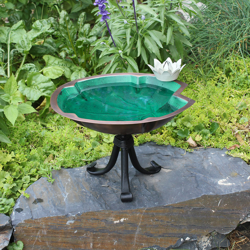 15" Green and Copper Metal Lily Pad Birdbath with Iron Stand