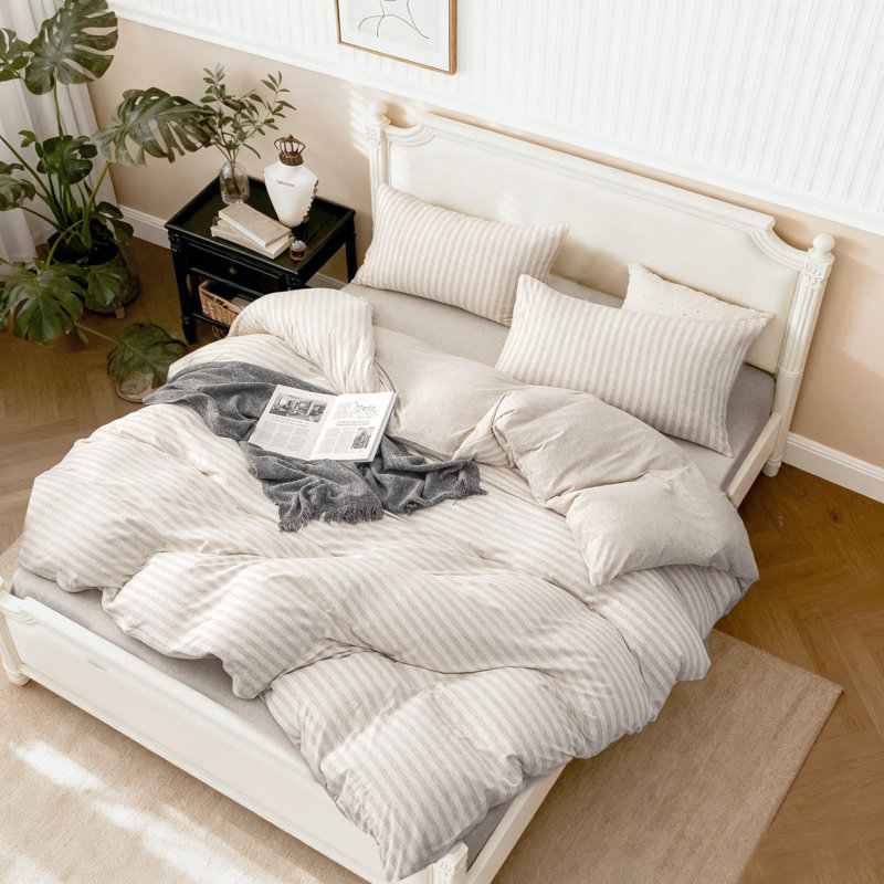 Jersey Cotton Set, Queen Duvet Cover + 2 Standard Shams, Beige Stripe