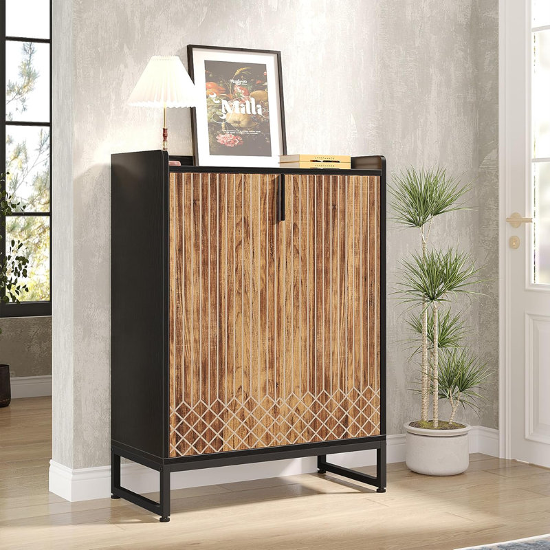 29.52” Brown & Black Shoe Cabinet With Doors, 5 Tiers Shoe Storage Organizer, Cabinet, Brown/Black