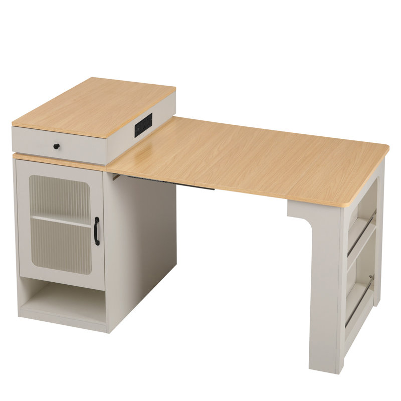 Aether 59.5" Kitchen Island With Extendable Dining Table, Kitchen Island With Storage Drawers, Power Outlet, Side Open Shelves, For Kitchen, Dining Room