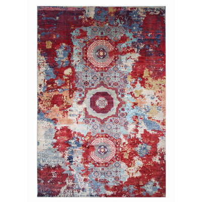 Tapis bleu marine et rouge de haute qualité noué à la main