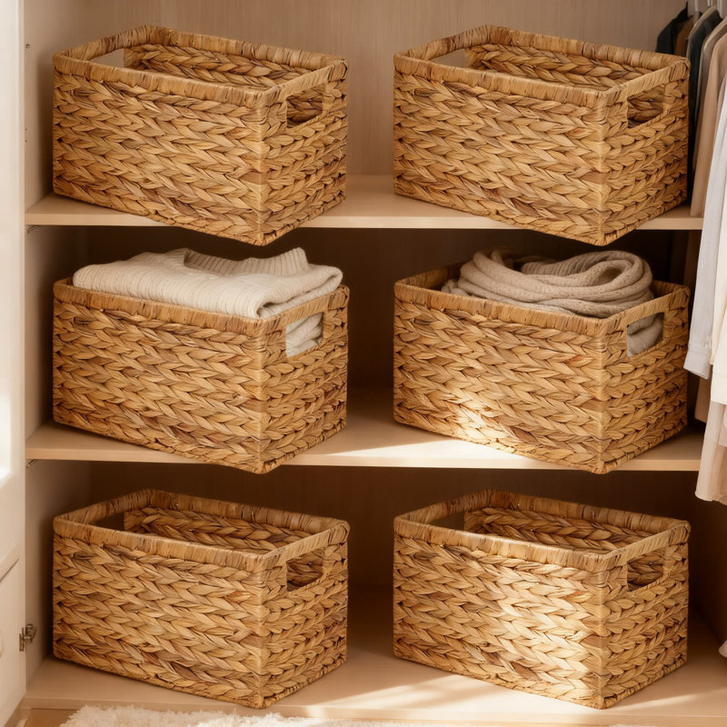 Natural Water Hyacinth Woven Storage Baskets Set Of 6, Rectangular Wicker Baskets With Built-In Handles For Home Organization