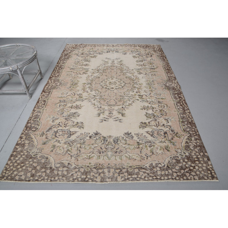 Grand tapis Oushak rétro beige pour le salon ou la chambre à coucher - motif turc tissé à la main