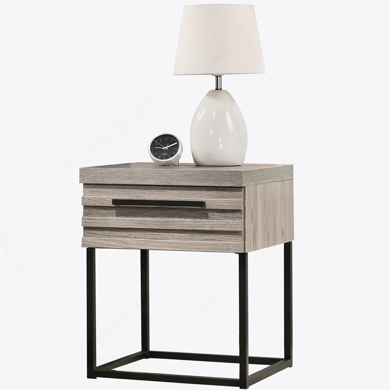 Table de chevet contemporaine en bois avec base en métal, taille unique, table de chevet SEULEMENT, gris vieilli