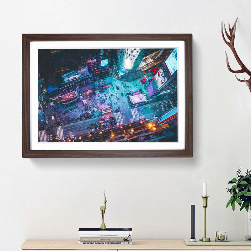 High Above Times Square in Abstract - Picture Frame Graphic Art Print, 27cm H x 36cm W x 2cm D, Walnut Framed