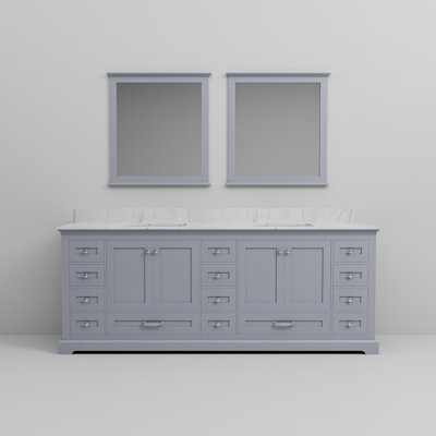 Meuble-lavabo double gris foncé l 84 po x P 22 po, comptoir en marbre de Carrare et miroirs 34 po